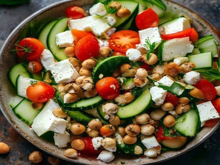 سالاد رژیمی و پروتئینی در ظرف چوبی