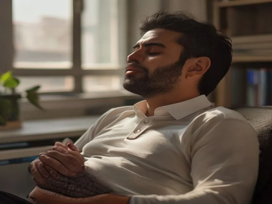 فردی در حال تمرین تنفس پیش از سخنرانی برای مدیریت لرزش صدا